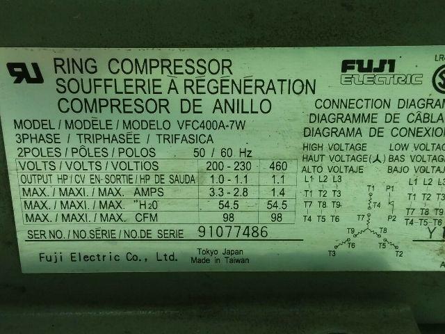 Fuji Electric VFC400A-7W Regenerative Blower 3 Phase  200-230/600V 3.3A 1 1/2NPT