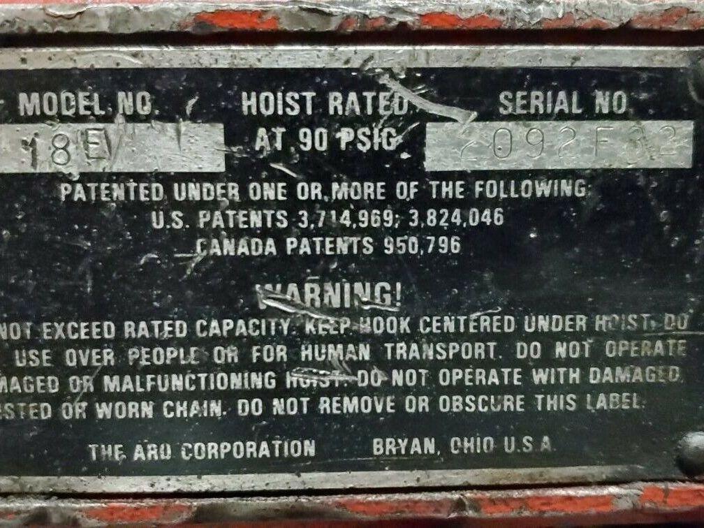 ARO 7718E 1/4 Ton 500LB Air Pneumatic Chain Hoist 8' Lift Tested