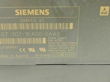 Siemens 6ES7 307-1KA00-0AA0 Simatic S7 Power Supply 24VDC