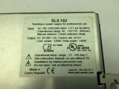 Puls SL5.102 Power Supply 24VDC 5 Amp Output 120/240V Input DIN Rail Mount