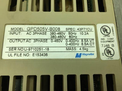 Magnetek GPD505V-B008 GPD 500 AC Motor Drive 3PH 380/460V 10.2A