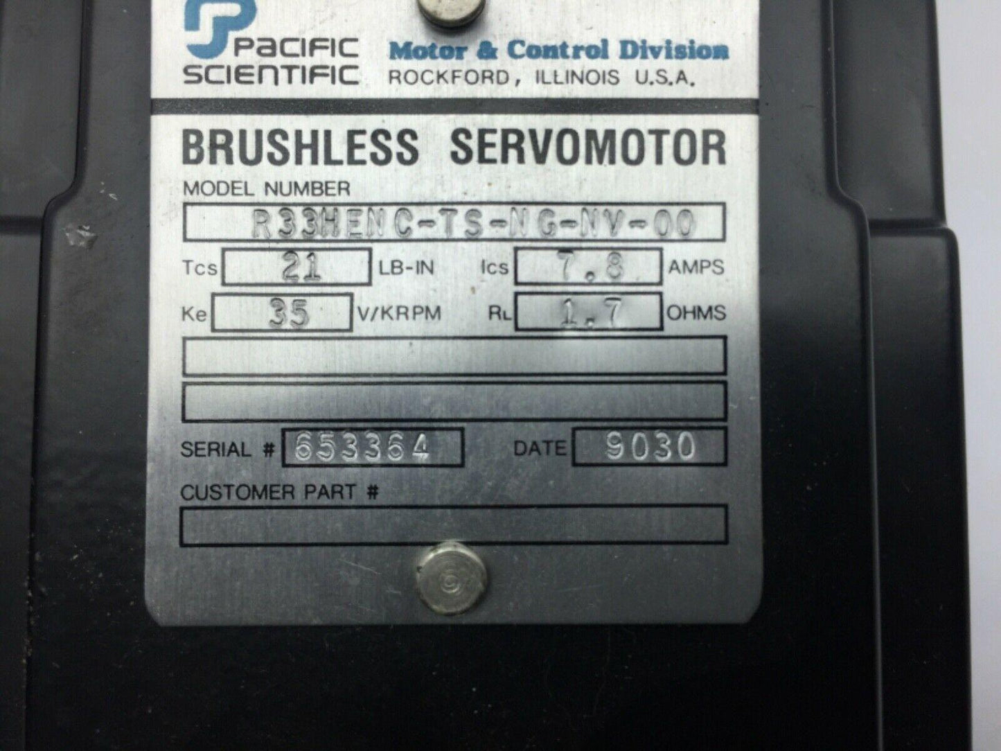 Pacific Scientific R33HENC-TS-NG-NV-00 Brushless Servo Motor 7.2A 1.7OHMS