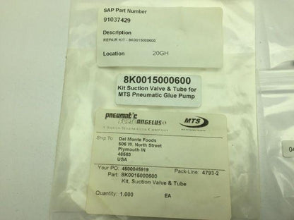 MTS 8K0015000600 Kit Suction Valve & Tube For MTS Pneumatic Glue Pump