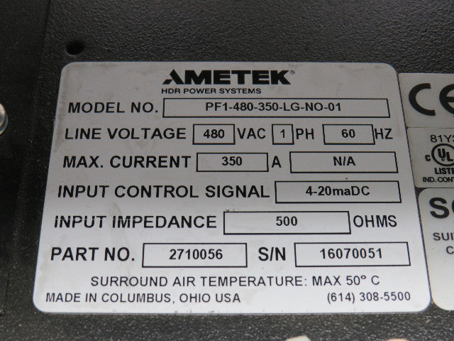 Ametek HDR PF1-480-350-LG-NO-01 SCR Power Controller Unit 350A 1Ph 480V