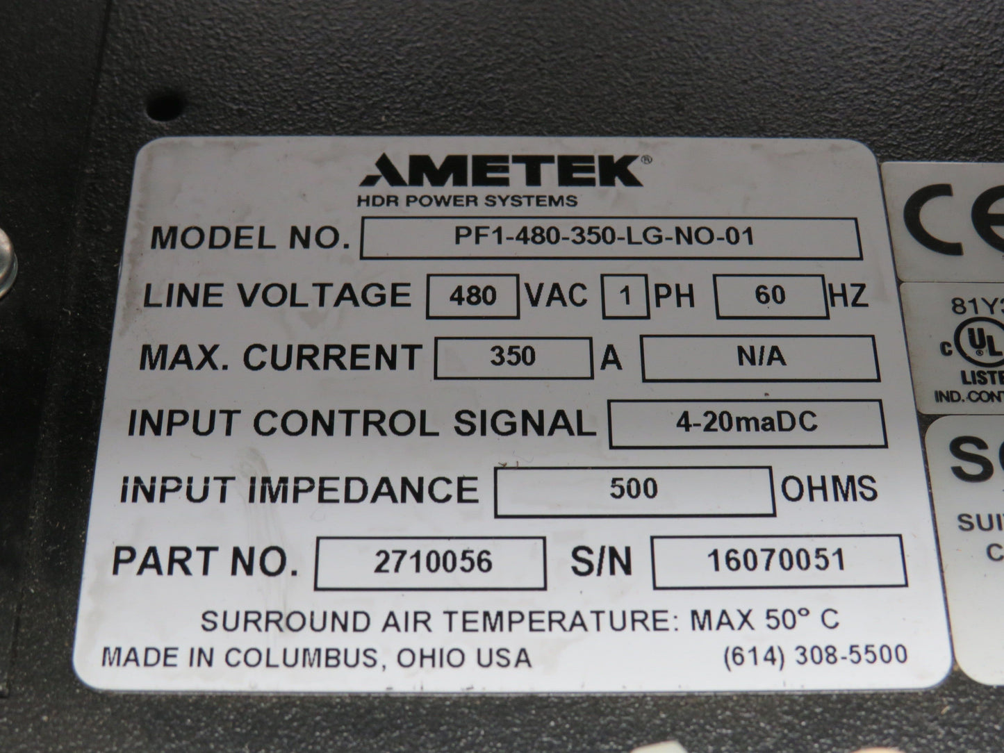 Ametek HDR PF1-480-350-LG-NO-01 SCR Power Controller Unit 350A 1Ph 480V
