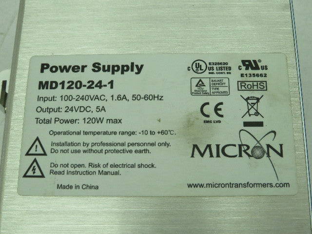 Micron DINergy MD120-24-1 Power Supply 100-240VAC Input 24VDC 5A Output 120W
