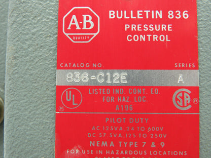 Allen Bradley 836-C12E Inline Pressure Flow Control Switch NEMA 7, 9 Series A