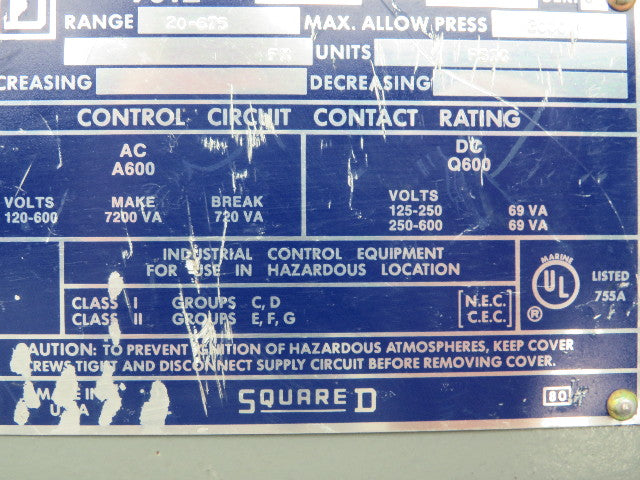 Square D  GBR-2 Pressure Switch 20-675 PSI 120-600V Class 9012
