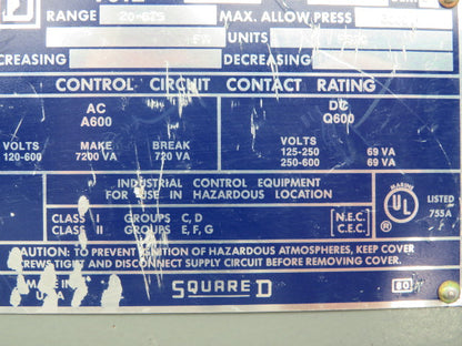 Square D  GBR-2 Pressure Switch 20-675 PSI 120-600V Class 9012