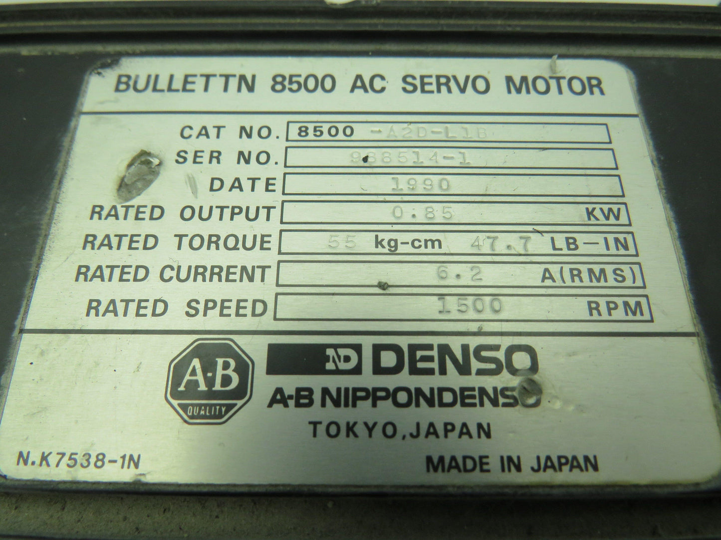 Allen Bradley  8500-A2D-L1B AC Servo Motor .85KW 1500RPM