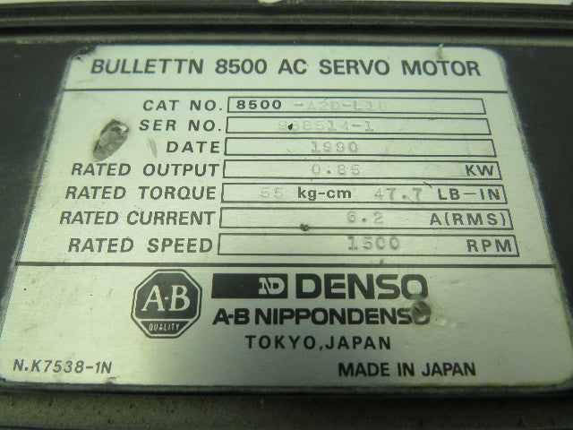 Allen Bradley  8500-A2D-L1B AC Servo Motor .85KW 1500RPM