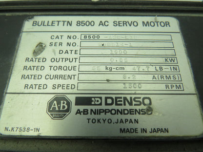 Allen Bradley  8500-A2D-L1B AC Servo Motor .85KW 1500RPM