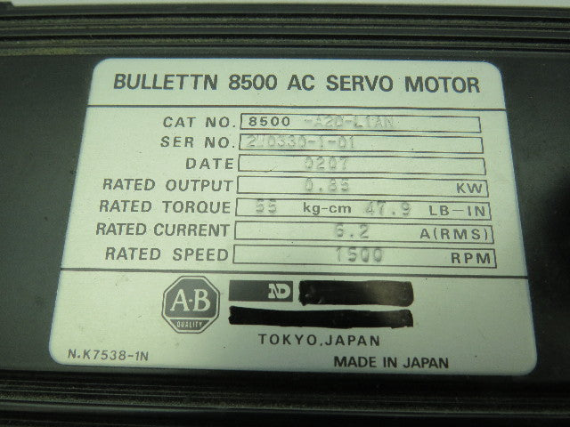 Allen Bradley  8500-A2D-L1AN  AC Servo Motor 0.85 KW 1500 RPM