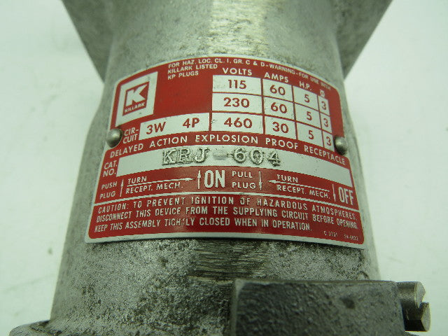 Killark KRJ-604 Explosion Proof Plug-In Receptacle 3W 4P 115-460V 3 Phase 60A