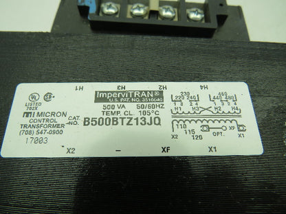 Micron ImperviTran B500BTZ13JQ Control Transformer 500VA 110/120V 230/460V