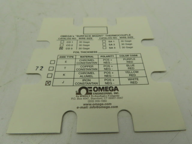 Omega C03-J-72 Cement-On Surface Thermocouples CO1, CO2, CO3
