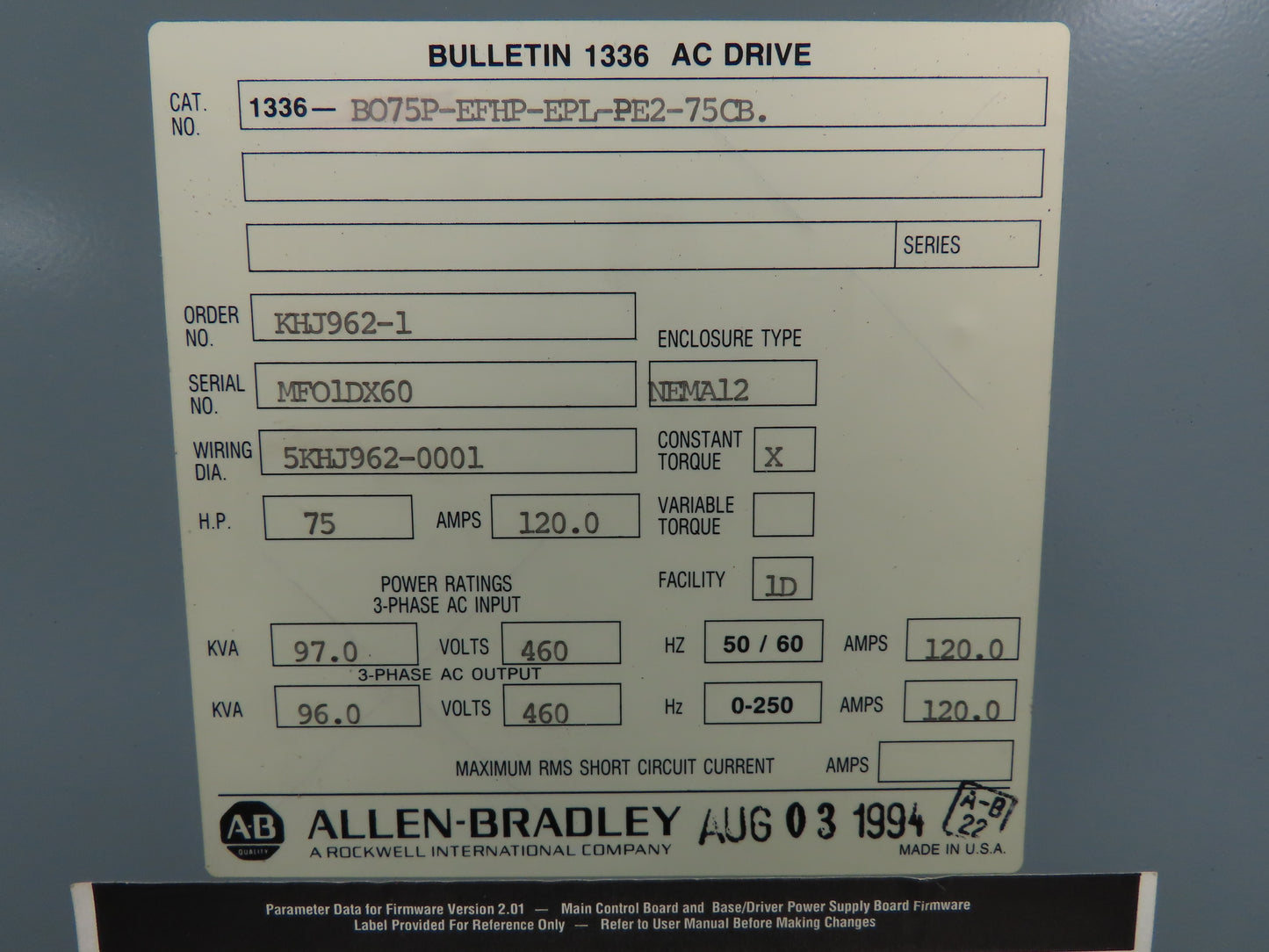 Allen Bradley Bulletin 1336 75 Hp. Adjustable Frequency AC Drive 460v 120 amp
