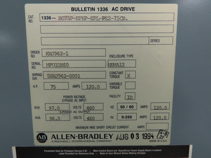 Allen Bradley Bulletin 1336 75 Hp. Adjustable Frequency AC Drive 460v 120 amp