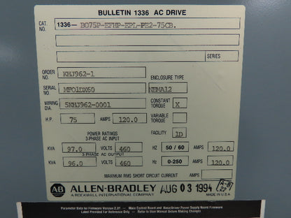 Allen Bradley Bulletin 1336 75 Hp. Adjustable Frequency AC Drive 460v 120 amp