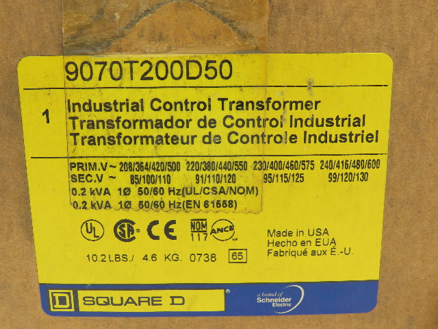Square D 9070T200D50 Control Transformer 0.2KVA 200VA Single Phase Type T
