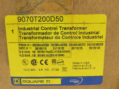 Square D 9070T200D50 Control Transformer 0.2KVA 200VA Single Phase Type T