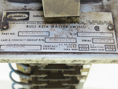 Hubbell 49032002 4216 Series Cam Operated Master Switch 6 Circuit