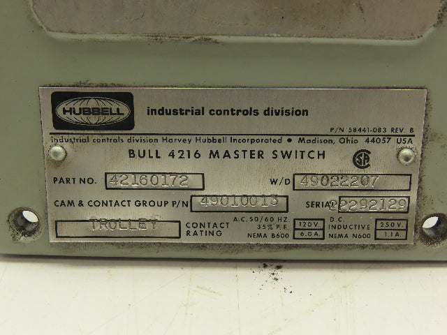 Hubbell 49010013 4216 Cam Operated Master Switch Parts