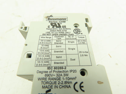 Cooper Bussmann CHM 10X38 Midget Fuse Holder IEC 2-Pole 30A/32A w/Fuses LOT OF 3