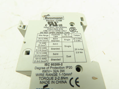 Cooper Bussmann CHM 10X38 Midget Fuse Holder IEC 2-Pole 30A/32A w/Fuses LOT OF 3