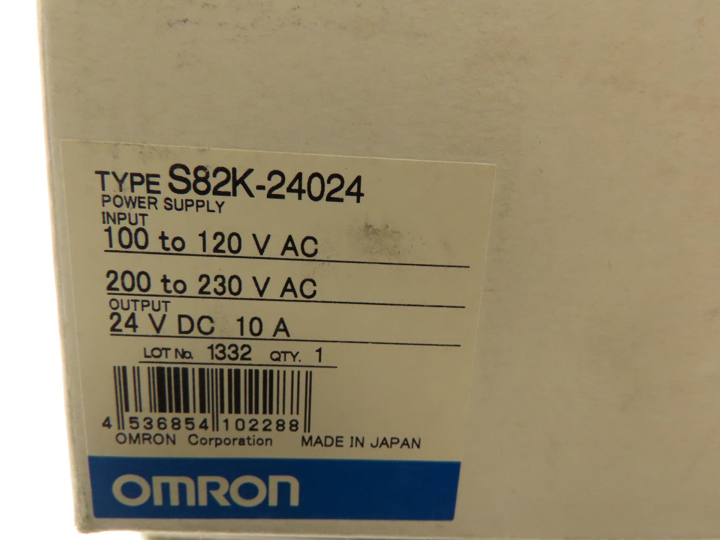 Omron S82K-24024 DIN-Rail Power Supply 10A 24VDC Output 240W Max 100-240VAC S82K