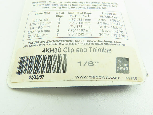 Tie Down 4KH30 Steel Wire Rope Clip and Thimble Kit U-Bolt 1/8"  LOT OF 12