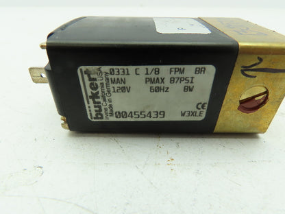 Burkert 0331 C 1/8 FPM BR Solenoid Vacuum Valve 120V 8W 87 PSI
