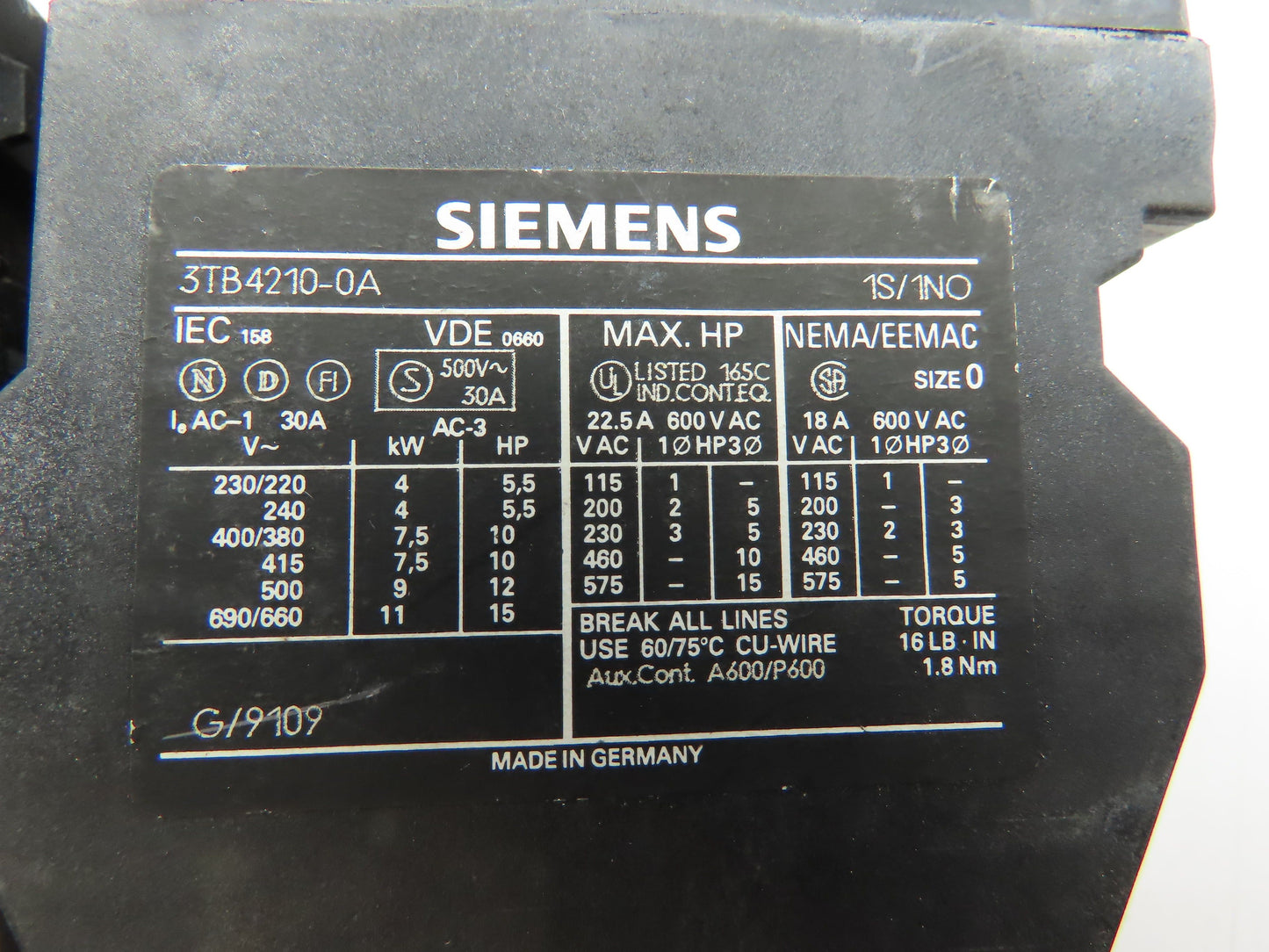 Siemens 3TB4210-0A Contactor 3-Pole 120V Coil 30A Sz 0 w/Overload  LOT OF 2