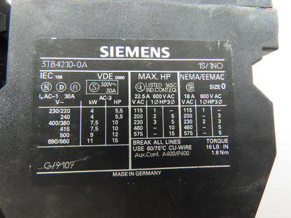 Siemens 3TB4210-0A Contactor 3-Pole 120V Coil 30A Sz 0 w/Overload  LOT OF 2