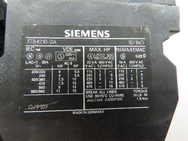 Siemens 3TB4210-0A Contactor 3-Pole 120V Coil 30A Sz 0 w/Overload  LOT OF 2