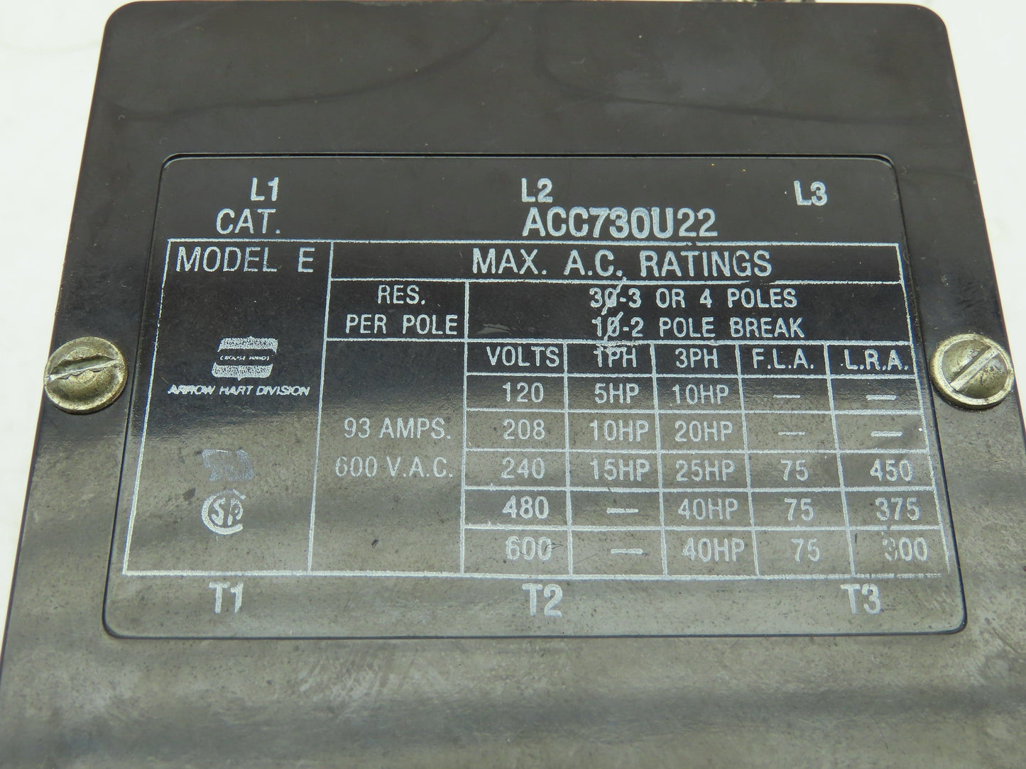 Arrow Hart ACC730U22 Contactor 3-Pole 93A 115V Coil Model E