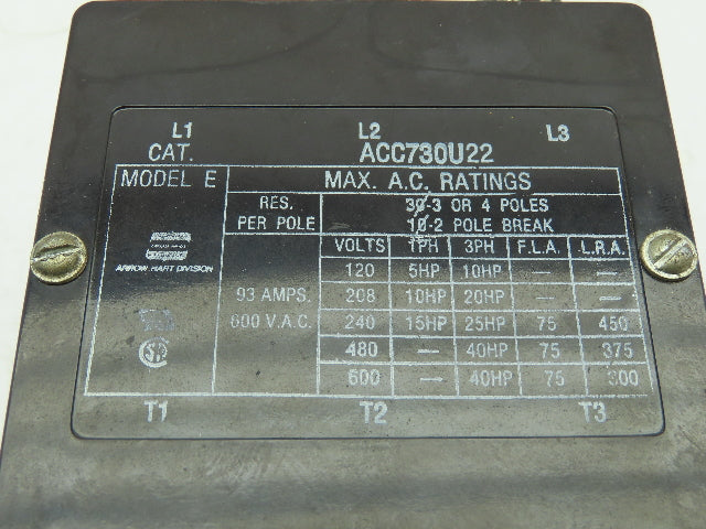 Arrow Hart ACC730U22 Contactor 3-Pole 93A 115V Coil Model E