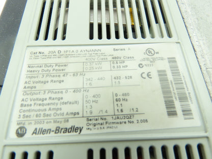 Allen Bradley 20AD1P1A0AYNANNN PowerFlex 70 Variable AC Drive VFD 0.5Hp 480V 3PH