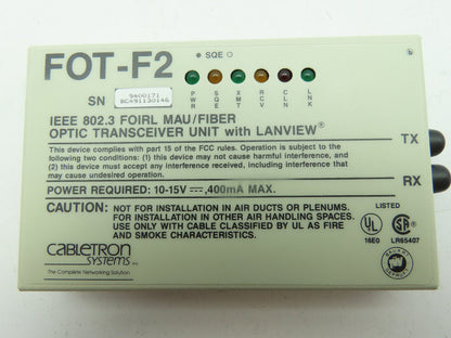 Cabletron FOT-F2 Fiber Optic Transceiver Ethernet IEEE 802.3 FOIRL MAU 100Mbs