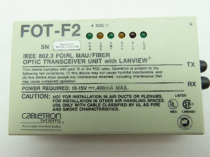Cabletron FOT-F2 Fiber Optic Transceiver Ethernet IEEE 802.3 FOIRL MAU 100Mbs