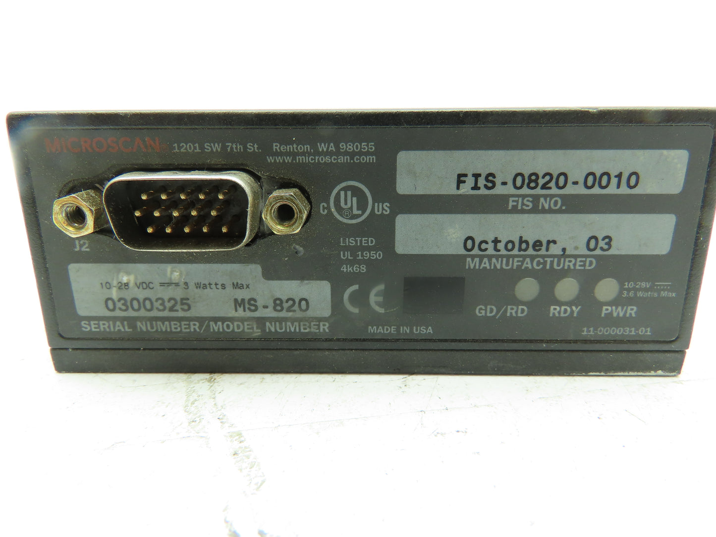 Microscan 820 Fixed Barcode Scanner Raster Medium FIS-0820-0010