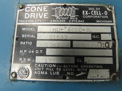 Cone Drive HU-7600C-BL Ex-Cell-O Gearbox Speed Reducer 15:1 Ratio 3-1/4" Output
