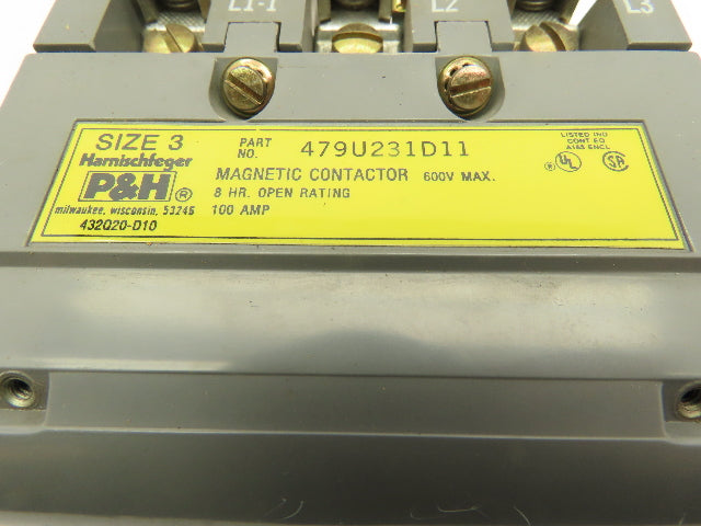 Harnischfeger 479U231D11 Contactor Starter Sz3  3-Pole 120V/240V Multi Volt Coil