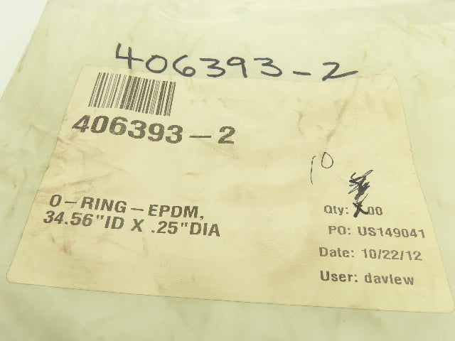 406393-2 O-Ring Gasket Seal Black Rubber EPDM 34.56" ID x .25" DIA Lot of 2