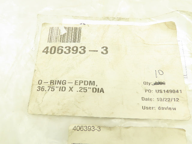 406393-3 O-Ring Gasket Seal Black Rubber EPDM 36.75" ID x .25" DIA Lot of 2