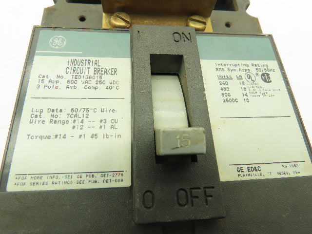 GE General Electric TED136015 Circuit Breaker 15A 3-Pole 3Ph 600V E150 TED Gray