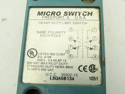 Micro Switch LSQA6B134 Heavy Duty Limit Switch w/Lever Arm 3/4 Roller 600V