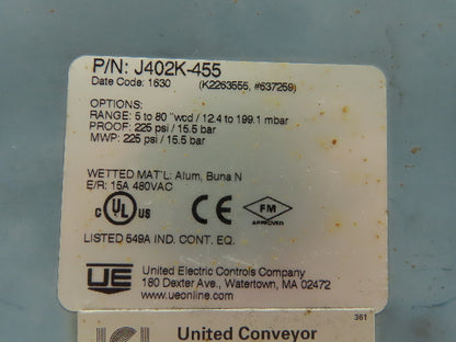 UE United Electric J402K-455 Differential Pressure Switch 5-80" WCD 225PSI 480V