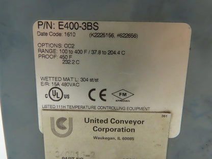 UE United Electric E400-3BS Temperature Switch CC2  100-400F SPDT Bulb Sensor