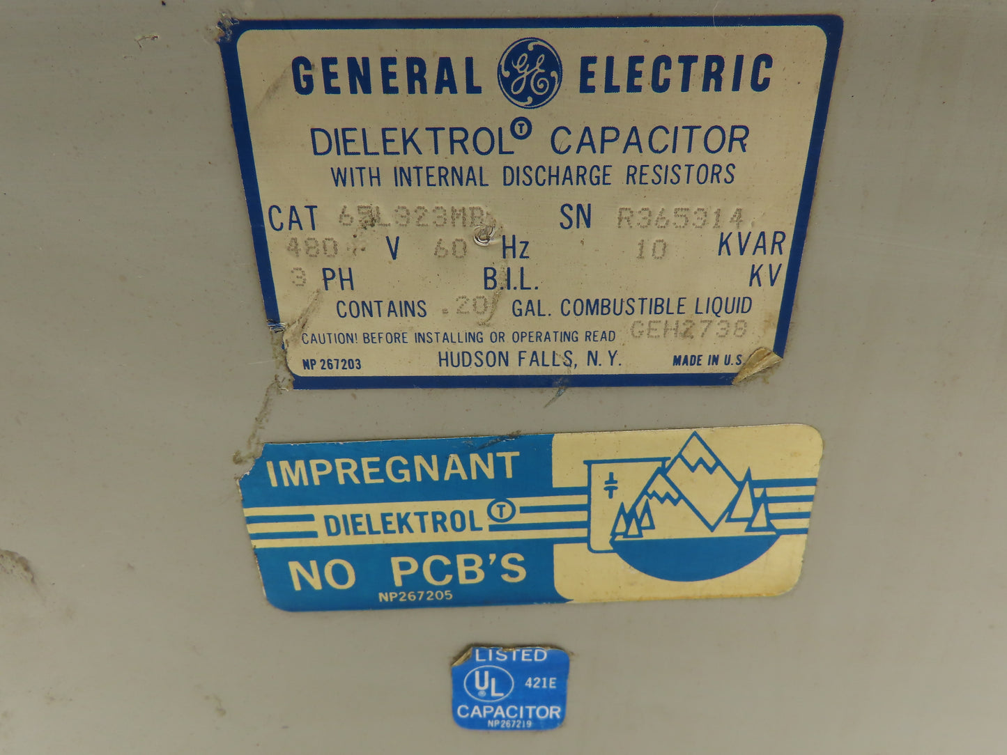 G E 65L323MB Dielektrol Capacitor w/Internal Discharge Resistors 480V 10KVAR 3PH
